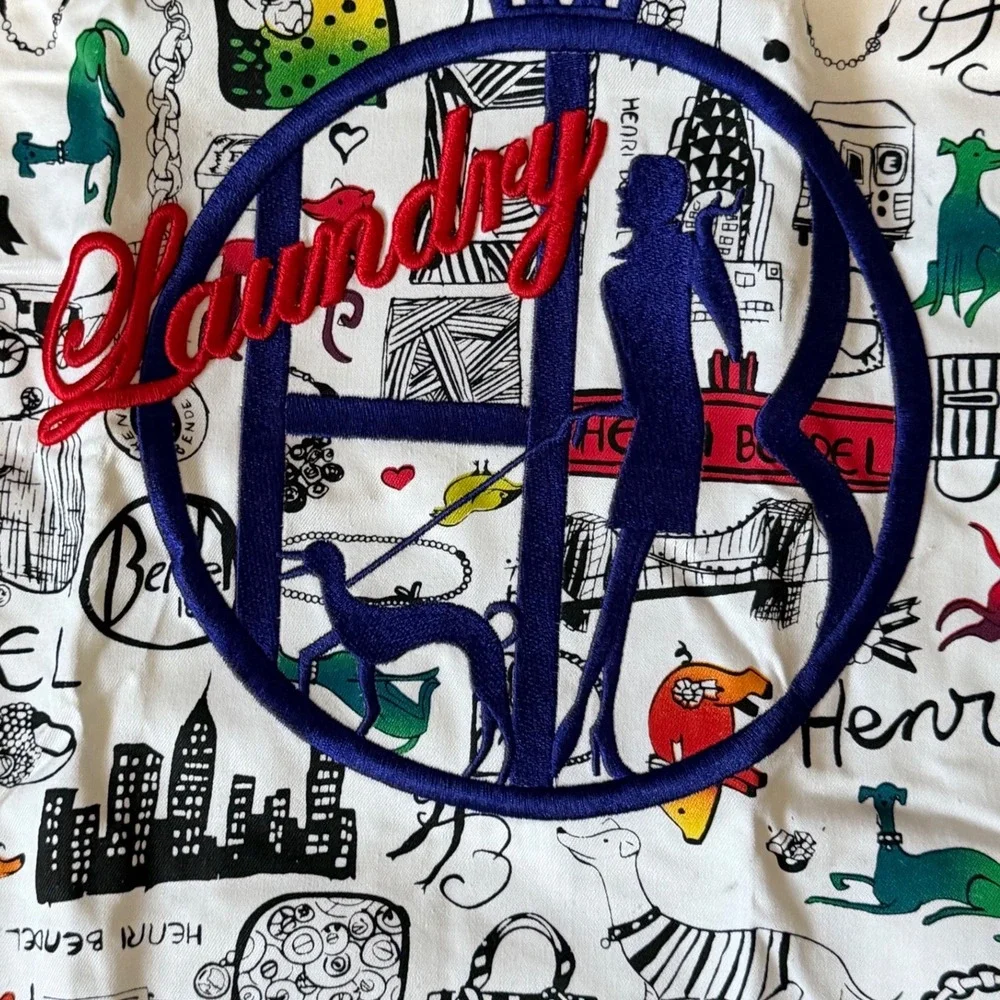 Henri Bendel Doodle Print Laundry Bag Travel Packable White Cotton NYC Rare